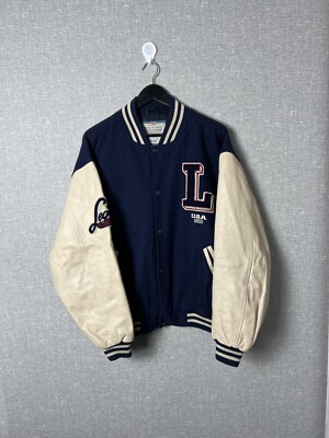 Vintage Levis USA Varsity Bomber Jacket Leather Sleeves Men s Size L