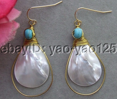 White Shell Blue Turquoise Earrings - Picture 2 of 2