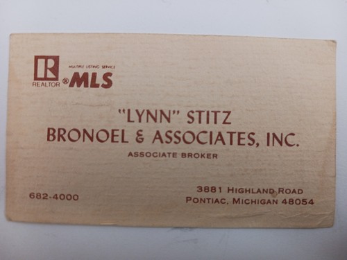 Vintage Business Card "Lynn" Stitz Bronoel & Associates, Inc. Broker Realtor MLS