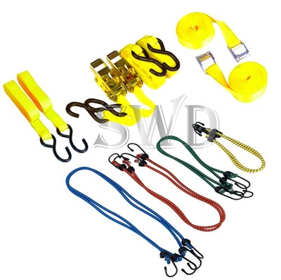 Bike rack tie down buckle ratchet elastic 8pc leash set travel secure bungee set