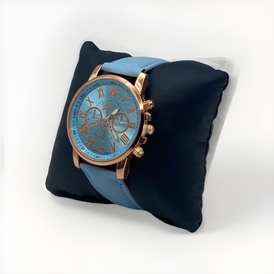 New Baby Blue Geneva Leather Band Stainless Steel Quartz Analog WristWatch