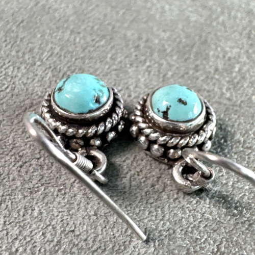 Turquoise Dangle Earrings Rope Edge Sterling Silver - Picture 7 of 9