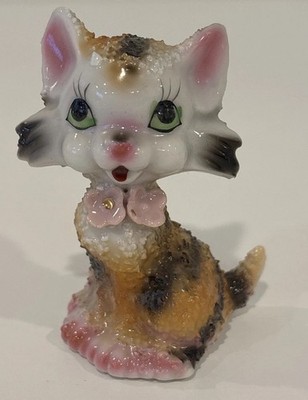 Vintage Striped Tabby Cat Kitten Spaghetti Figurine Green eyes Japan