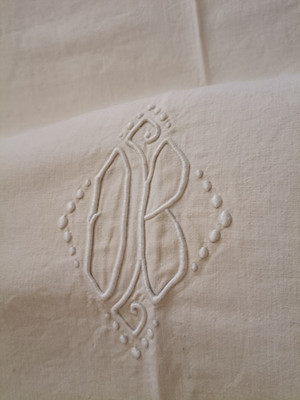 Antikes französisches Laken Leinen schwer 1,5 kg Metis Monogramm bestickt, ex condn