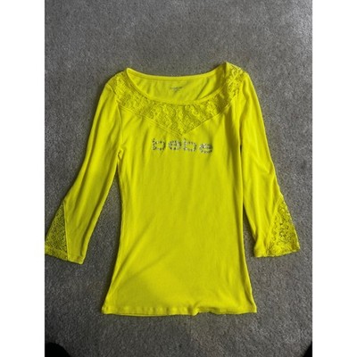 Y2K Bebe Top Womens Neon Yellow Ribbed Rhinestone Logo 3/4 Sleeve Lace Trim XS