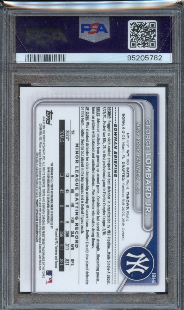 2024 Bowman Sapphire George Lombard Jr.-1st Prospect Auto - Orange /25 - PSA 10 view 2