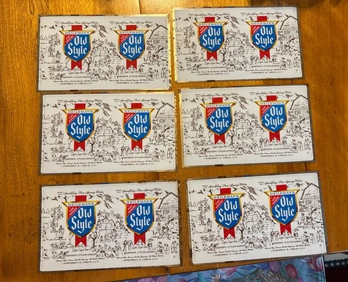 (6) VTG HEILEMAN'S OLD STYLE UNROLLED FLAT BEER CAN - 8" x 5" advertising sign