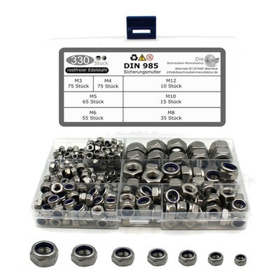 330 teiliges Set Sicherungsmuttern DIN 985 Edelstahl M3-M12 