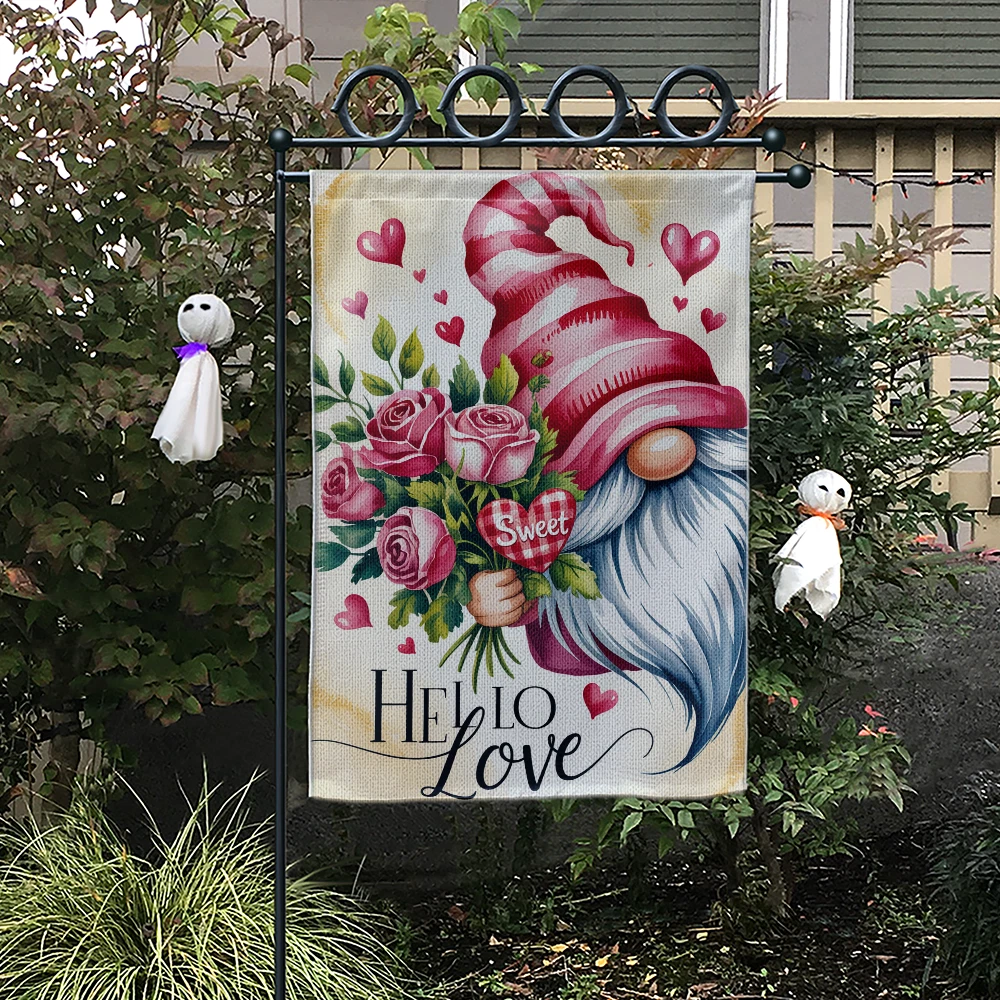 Hello Love Valentine's Day Garden Flag Gnome Pink Rose Bouquet Yard Decor Banner
