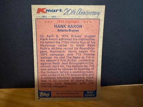 Hank Aaron Topps 1982 Kmart 20th Anniversary 1974 Highlight Braves 43 of 44 - Picture 6 of 6