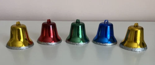 Vintage Set 5 Swan Brand Metallic Bell Christmas Tree Baubles / Decorations