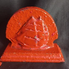 Vintage Orange Red Painted Bumpy Composite Ship Bookends Rustic As Is 5.75" Tall