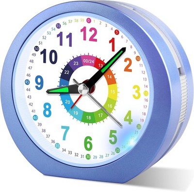 Kinderwecker ohne Ticken mit Snooze und Nachtlicht, Azurblau, Batteriebetrieben