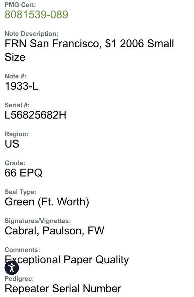 2006 $1 Repeater Serial Number 56825682 PMG Graded 66EPQ Gem Unc Fr#1933-L - Image 3 of 4