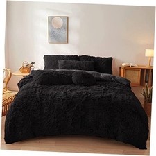 Fur Comforter Cover Set - Ultra Soft Fluffy Plush Bedding Sets 3 Queen Black
