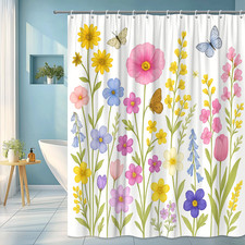 Colorful Floral Shower Curtain with Butterflies and Wildflowers