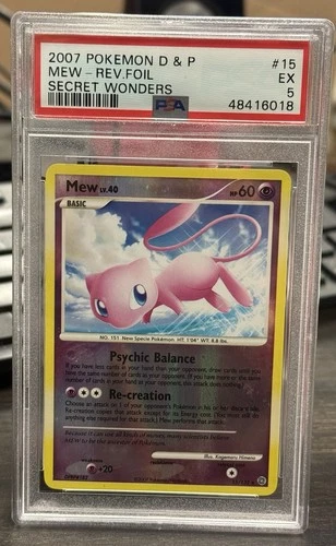 2007 POKEMON DIAMOND & PEARL #15/132 MEW REVERSE FOIL SECRET WONDERS PSA 5 EX