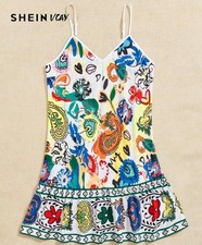 SHEIN VCAY Boho Print Ruffle Strap Cami Summer Beach Women Dress