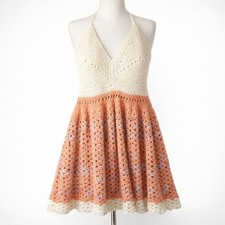 Handmade Crochet Halter Dress Pink Cream Floral Open Knit L Boho Mini Coverup