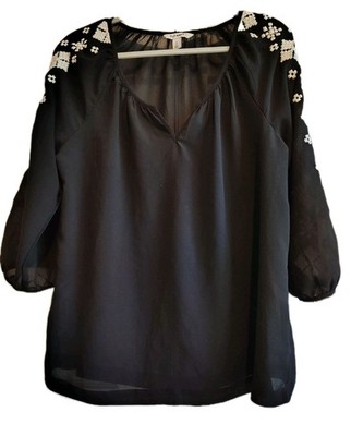 Old Navy Women s Black Blouse Size Large Embroidered Boho 3/4 Sleeve Top