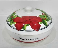 See's Candies Ceramic Christmas Covered Candy Dish Holly & Berries Bowl Red Bow