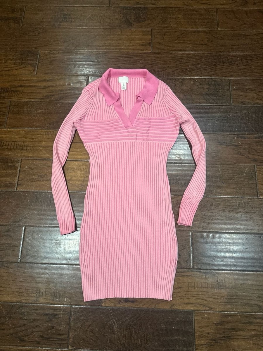 H&M Pink Ribbed Knit Long Sleeve Polo Dress Size L H&M Pink Ribbed Knit Long Sleeve Polo Dress Size L