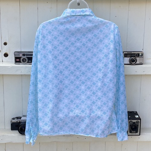 Vintage 1970s Shirt Blouse Blue Geo Print Beagle Penny Collar 36” St Michael - Picture 9 of 9