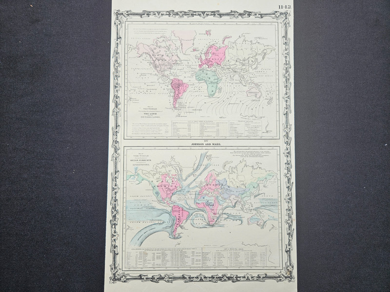 1863 Johnson Atlas Map Ocean Currents Land and Tidal 100% Genuine