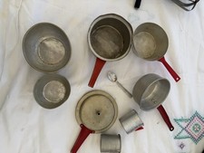 Vintage Children s Tin Pots Pans, Measuring Cups, Bowls