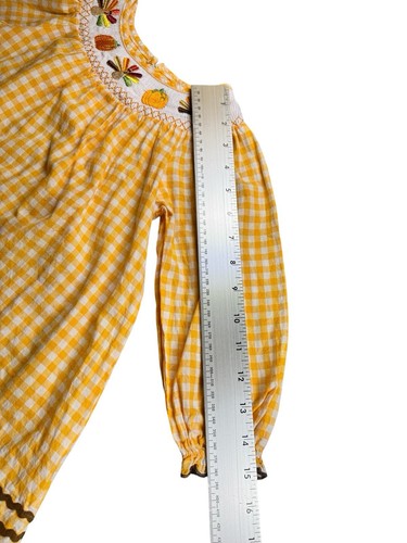 Toddler Girl Smocked Thanksgiving Turkey Pumpkin Yellow Checked Dress Size 4T - Picture 11 of 13