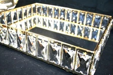 Stunning Mirrored Display Tray 15" x 12" x 3" Gold Frame 40 Diamond Cut Crystals
