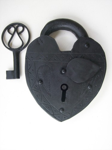 Large Heart Padlock Antique Distressed Look With Key Lock and Key