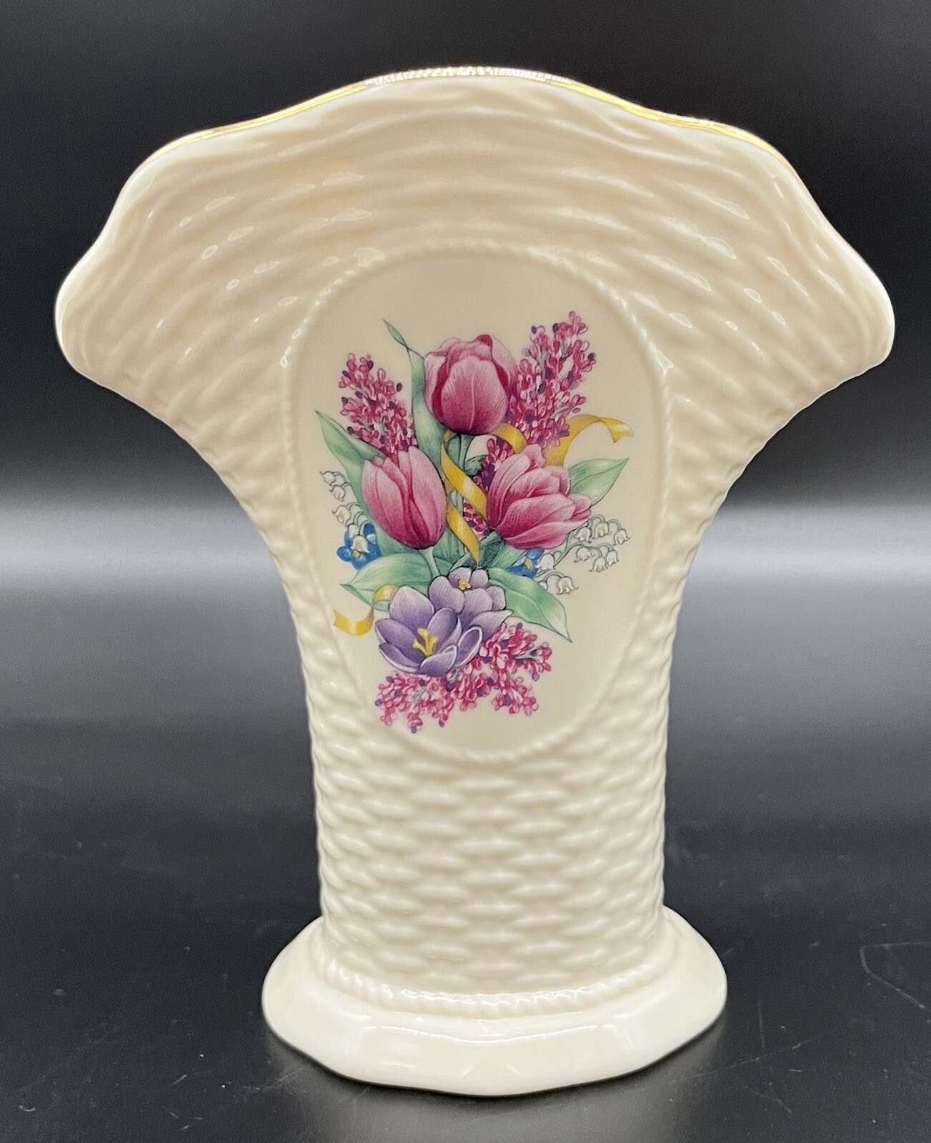 Lenox Vase -Floral Lilacs Tulips Flowers Basketweave Cream Flower Vase Gold Trim