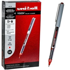 Uni-ball Vision Fine 60139 Red Ink 0.7mm Rollerball Pen, Box of 12 Pens