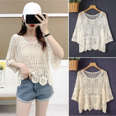 Women Hollow Crochet Top Knit Pullover Half Sleeve Shirt