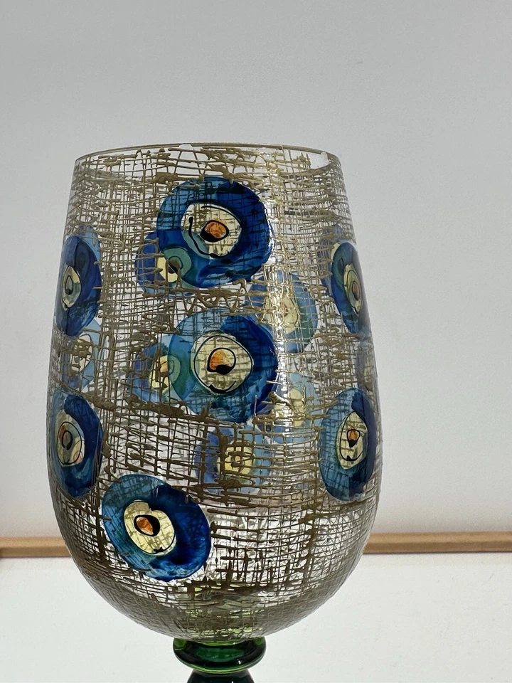 Royal Danube Hand Painted Crystal Wine Glass Peacock Design ~ Romania - Image 2 of 4