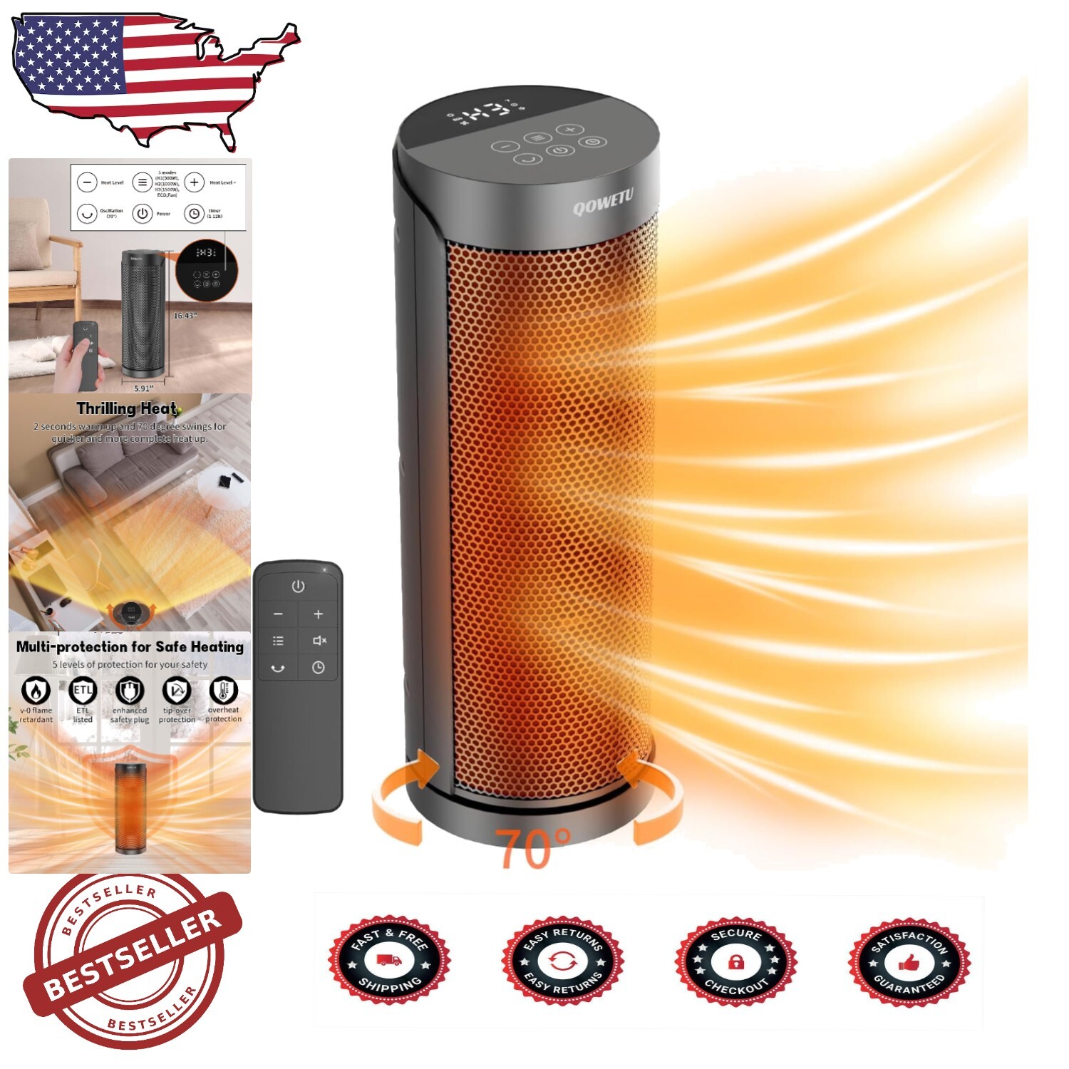 Energy Efficient 1500W Oscillating Heater with Remote Control - Quiet & Portable