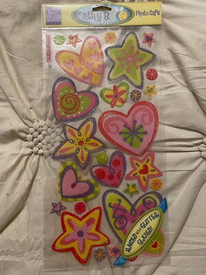 Sticko Cathy B. Vellum Stars Hearts Stickers GLITTERED Scrapbooking Yellow Pink