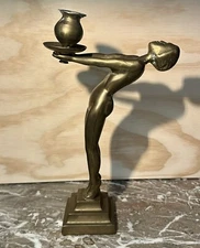 Art Deco Brass Arched Nude Woman Candlestick Holder