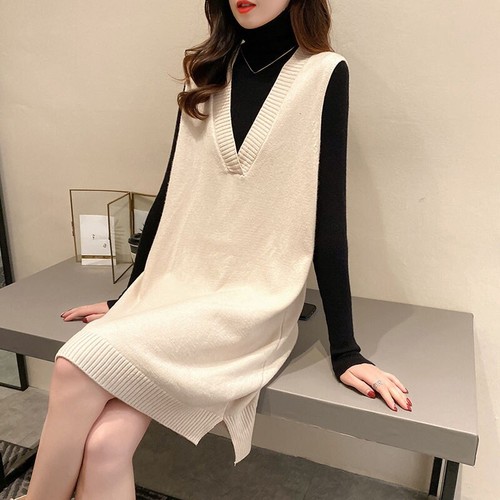 Lady Gilet Tank V-Neck Sleeveless Sweater Dress Chic Midi Knitted Waistcoat  Vest | eBay