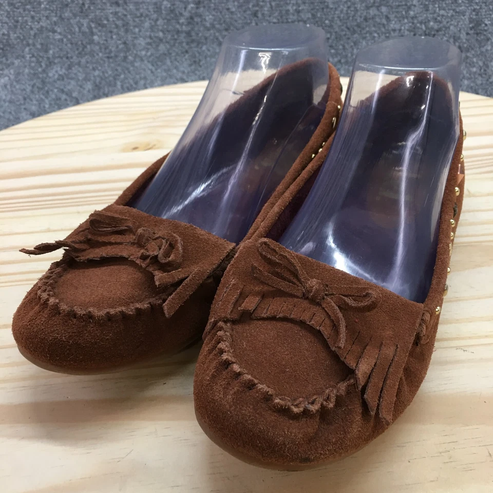 LEI 鞋女式 8 Fallon 乐福鞋平底棕色皮革铆钉蝴蝶结舒适 — 第 3/4 张图片