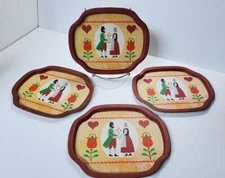 Vintage Set of 4 J.S.N.Y. Metal Snack Trays Dutch Amish Couple Country Folk