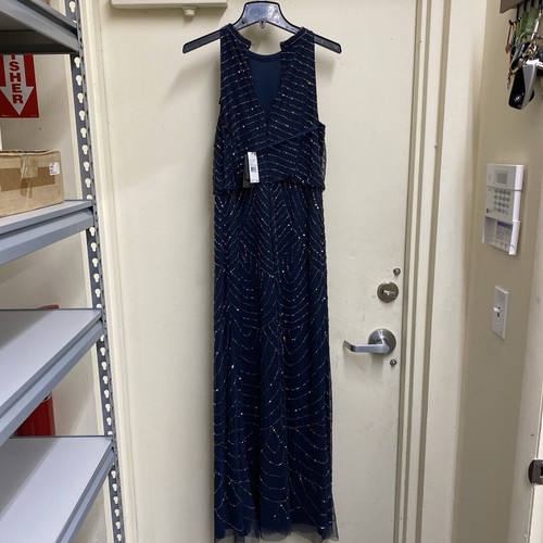 ADRIANNA PAPELL 191914100 HALTER NECK BLOUSON BEADED GOWN Navy BRIDESMIAD - Picture 5 of 5