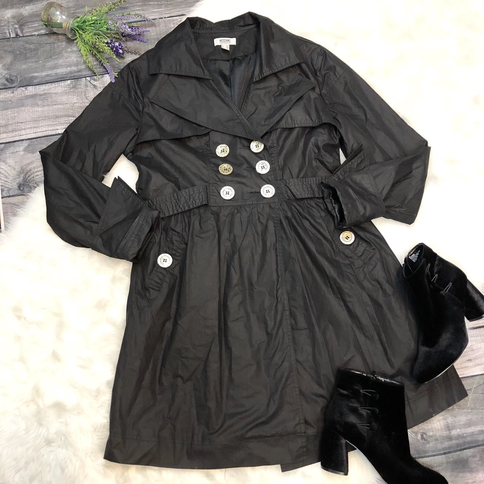 Moschino trench donna nero plissettato taglia 6 doppiopetto stile principessa