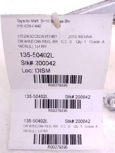 11-19 TOYOTA SIENNA DRIVER SIDE LEFT REAR WINDOW REGULATOR - Picture 8 of 12