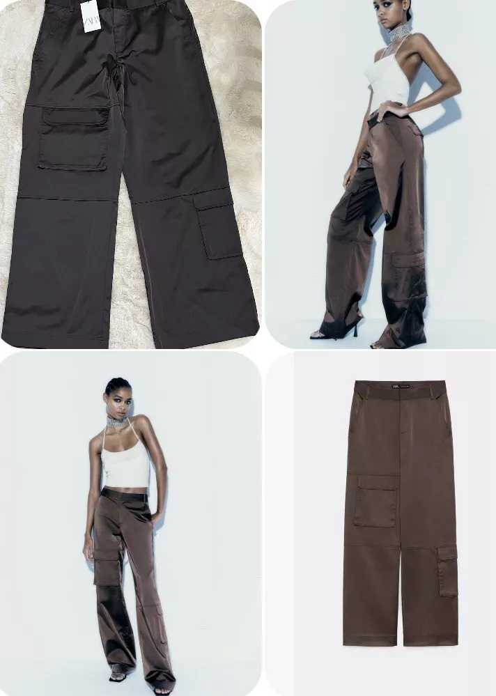 ZARA NEW Brown Satin Pocket Cargo Trousers SMALL UK 10-12 Waist 30”