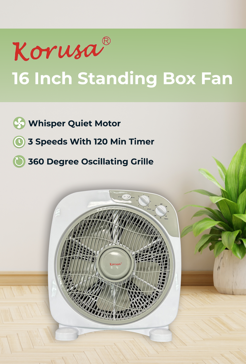 16 Inch 360 Degree Oscillating Box Fan with 3 speeds, quiet