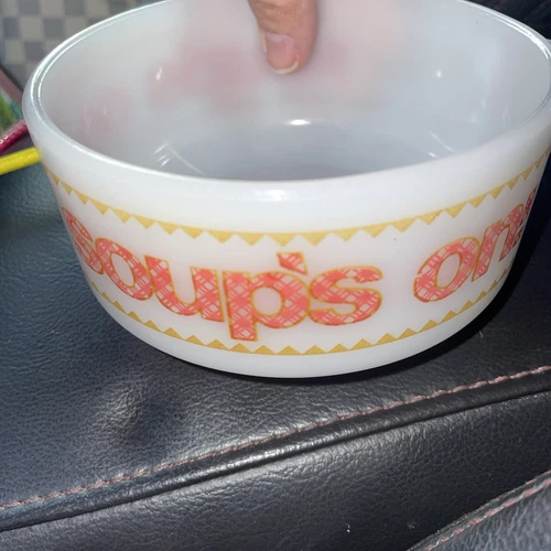Glasbake Soup's On Soup Mug White Milk Glass Red Plaid