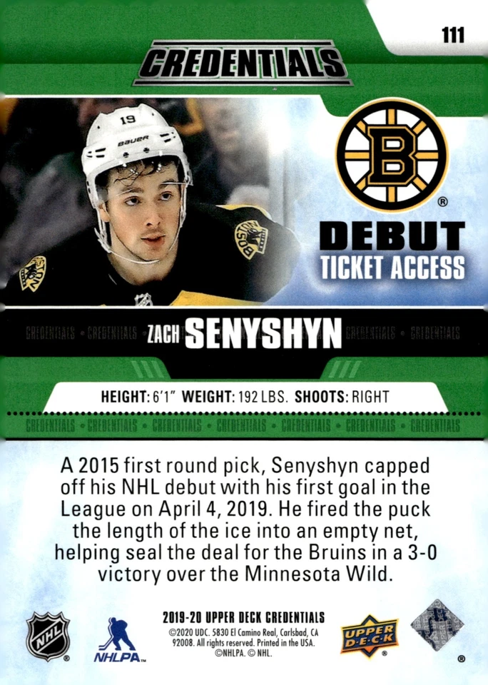Zach Senyshyn - 2019-20 Debut Ticket Access Green /25 Rookie Card #111 - Image 2 of 2