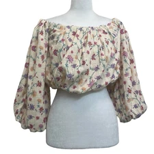 Future Collective Cream Floral Off Shoulder Puff Sleeve Crop Top Blouse sz XXS 